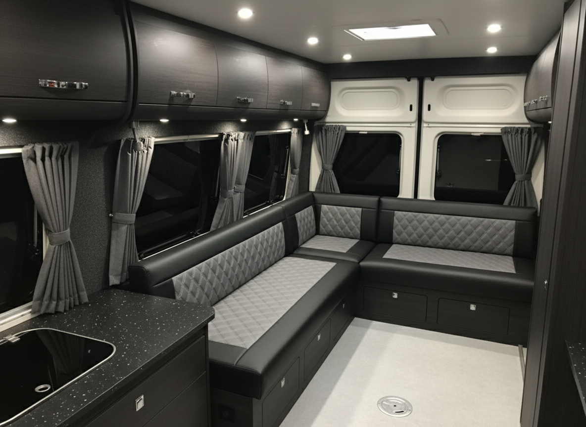 Black and grey vinyl L shaped cushions Blue Note Upholstery